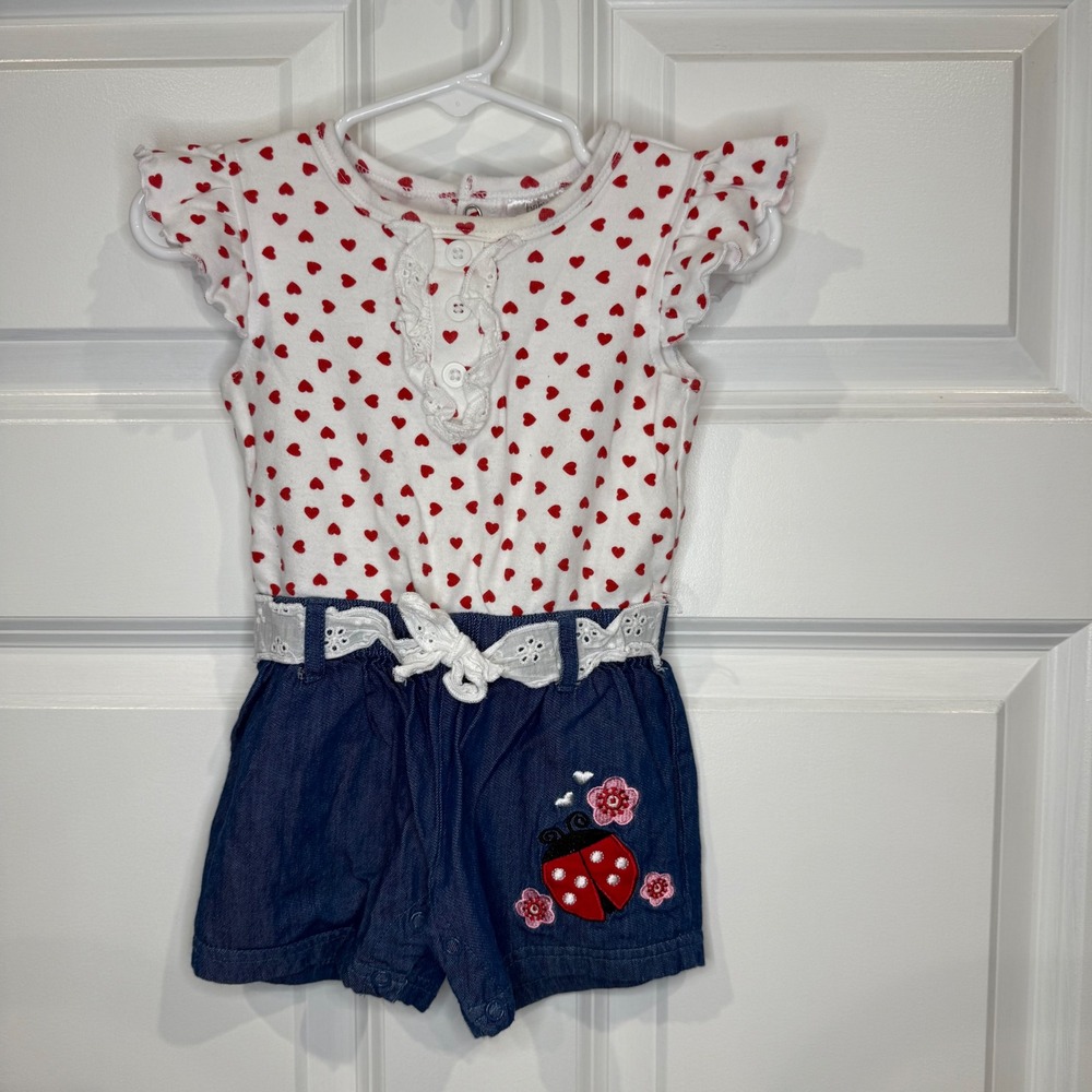 Baby Girls Red Heart Ladybug‎ Denim Romper Jumpsuit Ruffle Sleeve Size 12 Months